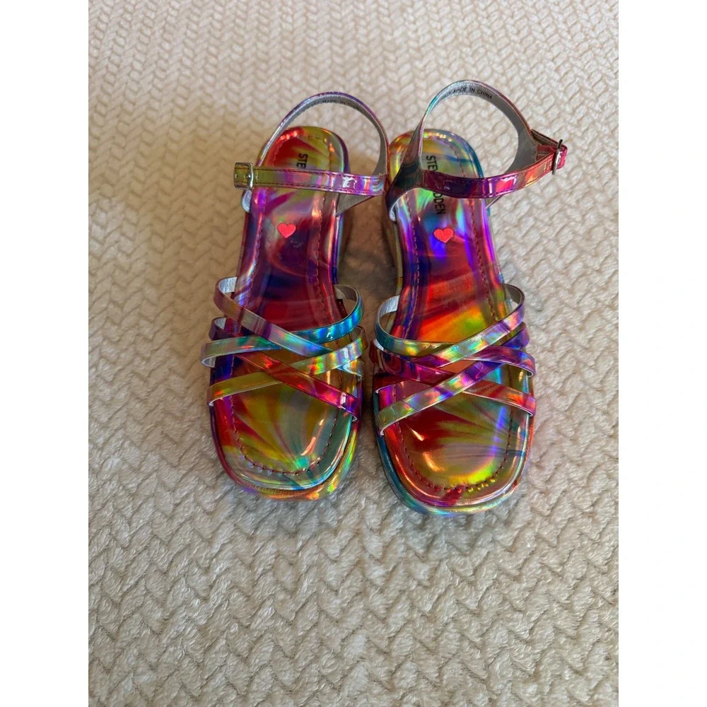 Steve Madden JORAZY Holographic Rainbow Platform Sandals Multi Strap Wedge 5